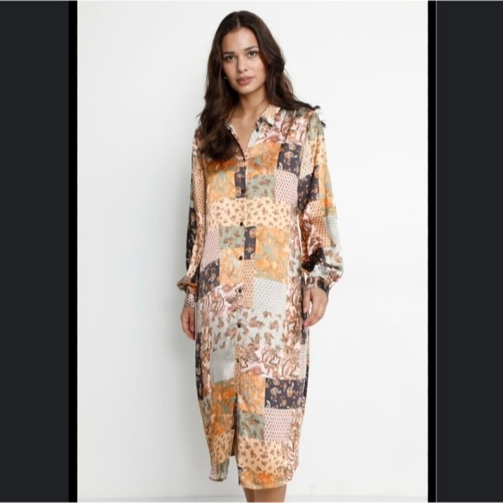 NWT Culture Patchwork Satin Dress M Long Sleeve Maxi Button Up Paisley Brocade